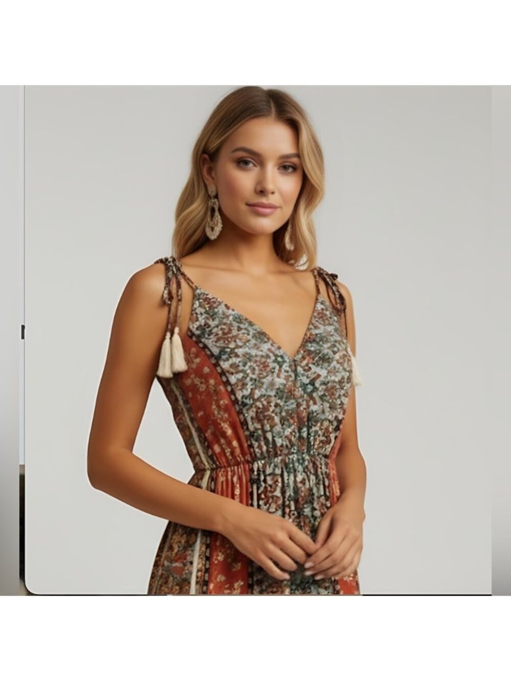 Boho Floral Print Backless Tie Shoulder Ruffle Hem Cami Dress - Picture 3 of 11